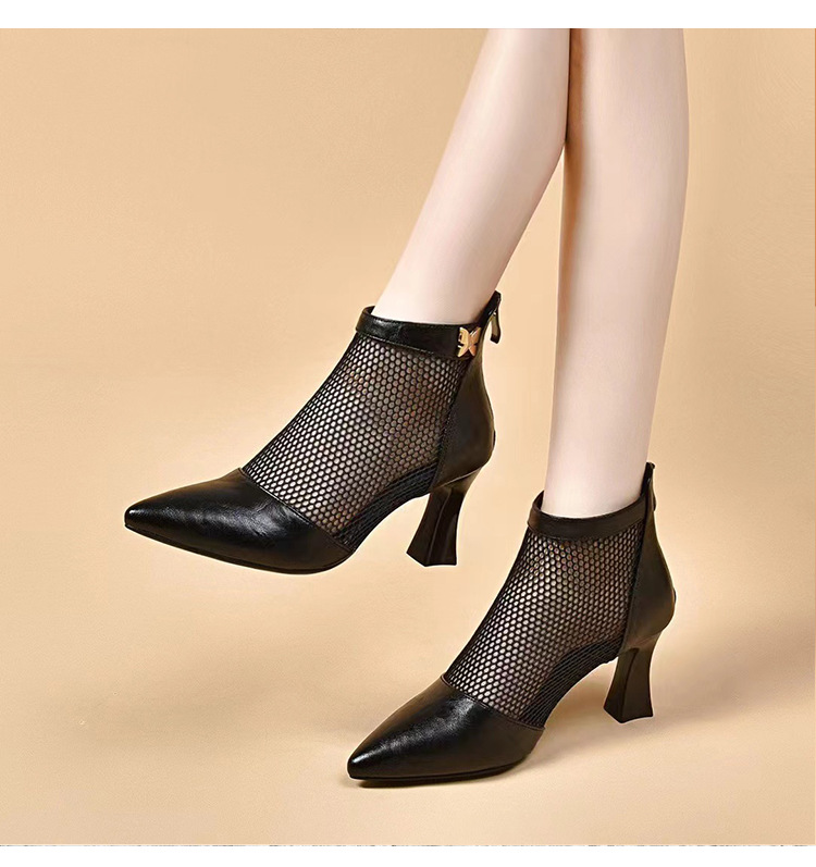 Boot lưới cao gót mũi nhọn nữ da thật gót thô cổ thấp hở gót — Màu đen Cashmere chi tiết 8