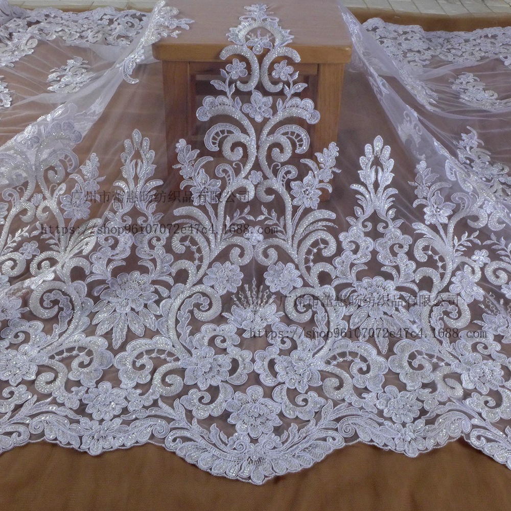漂白重工珠绣婚纱礼服面料 钉珠绣网纱刺绣布料亮片管珠绣花辅料