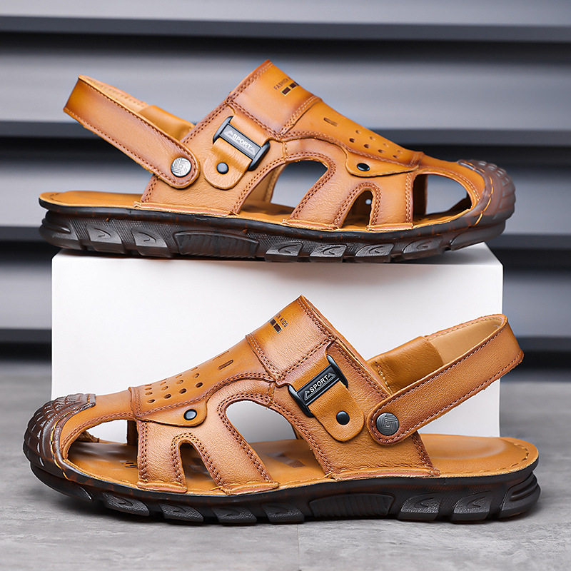 Dép sandal bít mũi nam da bò lớp đầu, đế mềm thân mềm, kiểu xỏ chân hai cách đi — G6951 màu nâu vàng, G6951 màu đen chi tiết 16