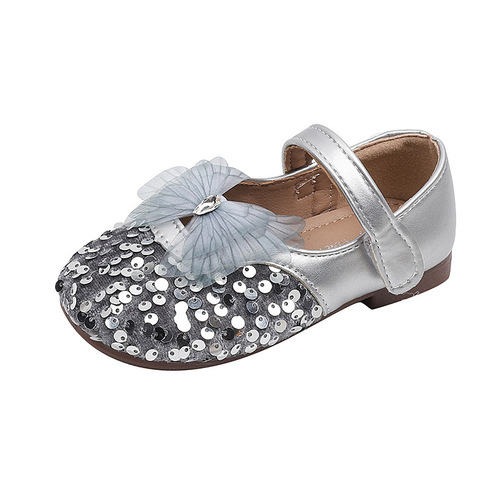 Autumn Korean-style shiny sequin winged shallow mouth poodle shoes with soft soles for girls and children princess single shoes