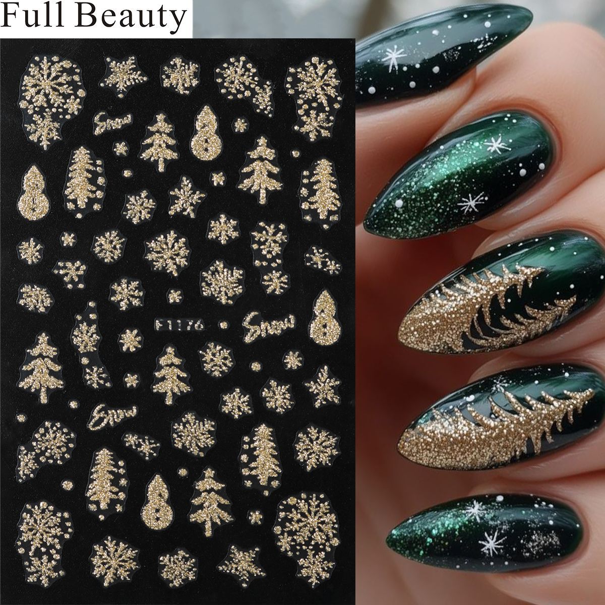 FULL BEAUTY 跨境新款3D圣诞节美甲贴纸金色闪粉圣诞树麋鹿贴纸