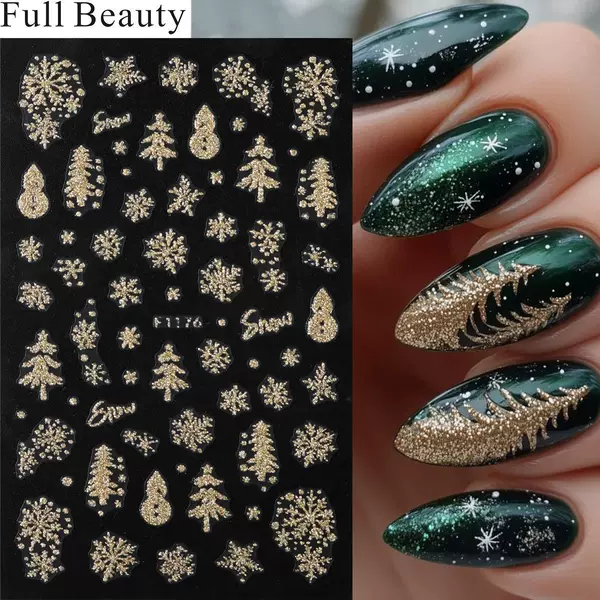 Full Beauty Cross-Border New 3D Christmas Nail Art Stickers Gold Glitter Christmas Tree Elk Stickers