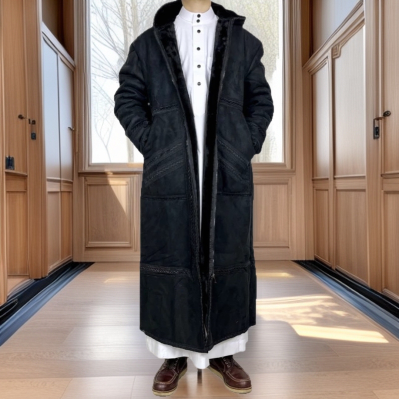 Cross-Border Hot-Selling Winter Thickened Suede Men's Robe with Warm Hood and Pockets