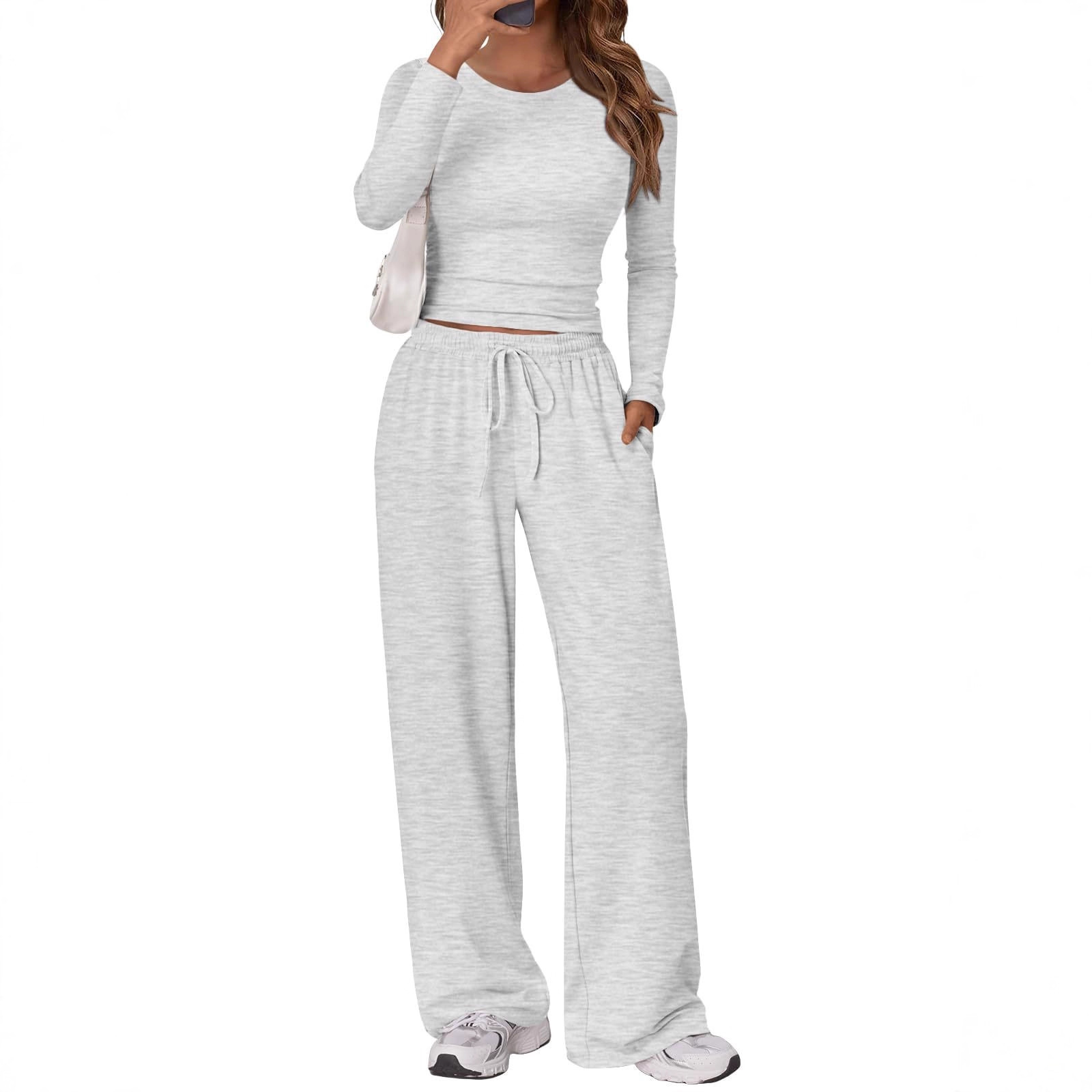 Amazon European and American Foreign Trade Women's Two-Piece Round Neck Long-Sleeved Knitted Tops Sports Loose Casual Wide-Leg Pants Suit