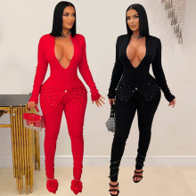 CY901685欧美亚马逊性感V领烫钻连体裤修身铅笔裤女装纯色长袖