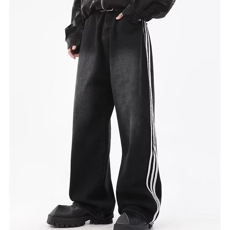Japanese Style All-Match Lazy Washed Three-Bar Striped Jeans Men's Autumn and Winter Loose Straight Pants Japanese Style All-Match Lazy Washed Three-Bar Striped Jeans Men's Autumn and Winter Loose Straight Pants