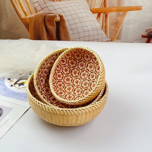 Vietnamese rattan storage basket, Japanese-style INS desktop fruit woven basket, snack box, oval bamboo woven set of three