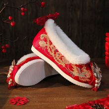 加绒全红新娘汉服秀禾红色流苏婚鞋鞋子古风绣花鞋增高中式新款