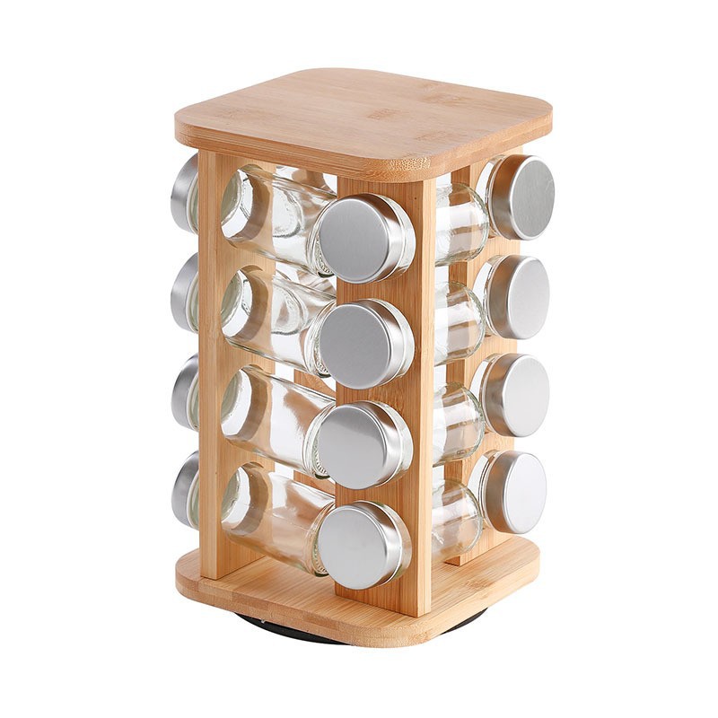 Transfronterizo Amazon nueva base giratoria de vidrio con condimento de botella de madera cuadrada con marco giratorio condimento de lata