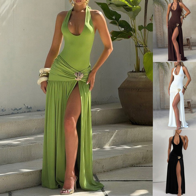 Independent Station European and American Clothing 2025 Summer New Style Halterneck Backless Slim Solid Color Slit Dress Sexy Long Skirt