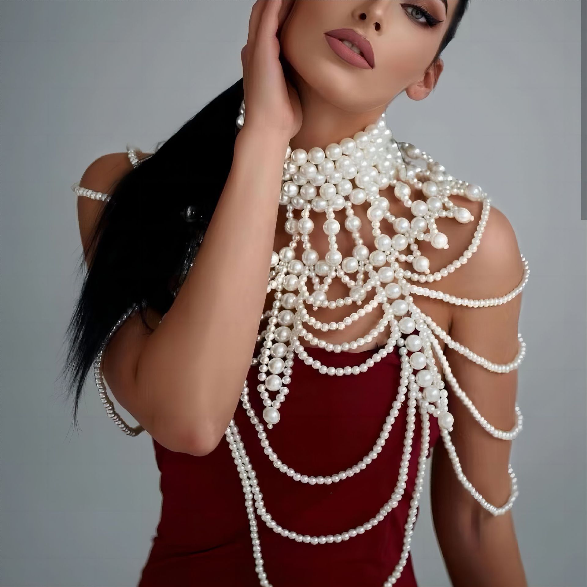 Joyería transfronteriza europea y americana sexy borla tejida a mano cadena de suéter de perlas moda francesa cadena de cuerpo de perlas de múltiples capas