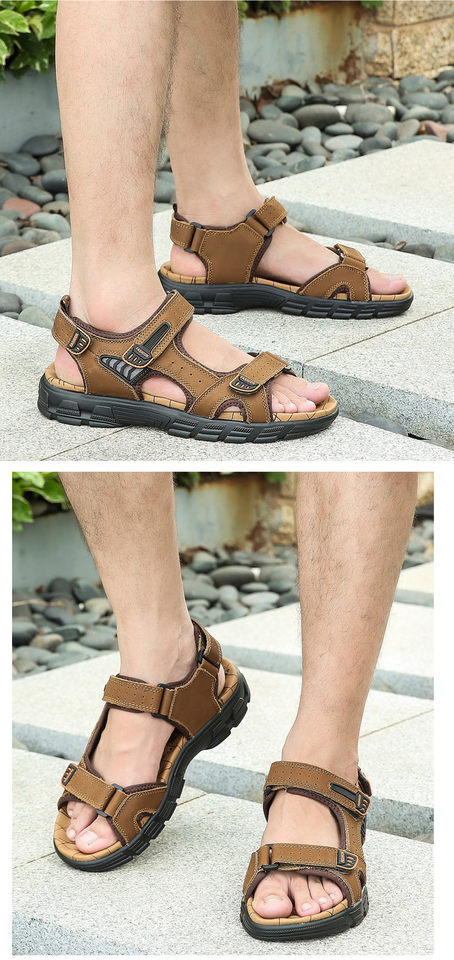 Dép sandal nam da bò hở mũi đế dày, quai buộc thoáng khí cỡ lớn — màu đen, vàng, Màu nâu chi tiết 15