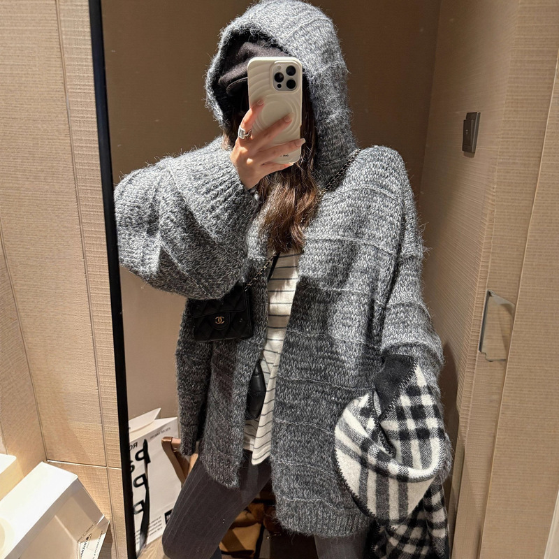 Atmospheric 25 Autumn and Winter Heavy-Duty Hooded Loose Lazy Style Casual Knitted Large Cardigan Fine Glitter Sweater Jacket