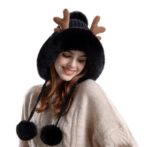 9991 new style antler knitted woolen hat plush ear protection pullover hat Korean style three-hair ball thickened warm hat for women