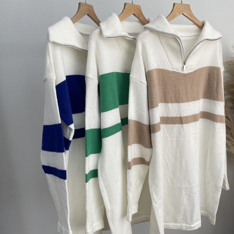 Long Zipper Pullover Women Loose Soft Knitted Long Sleeved Dress Color Contrast Patchwork Top Women