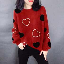 爱心印花宽松圆领小个子红色新年毛衣欧洲站2026春季女装新款欧货