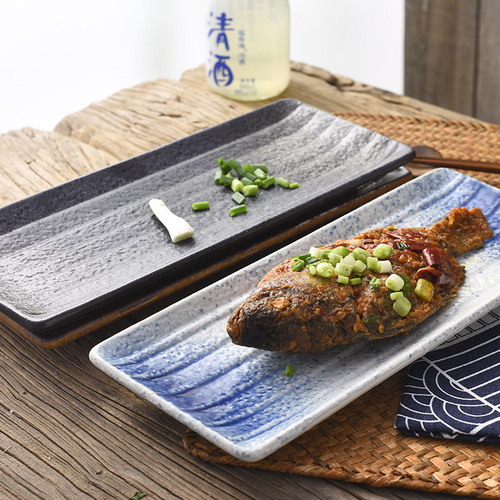 格比日式长方陶瓷盘创意条纹秋刀鱼盘寿司刺身长条盘料理餐具批发
