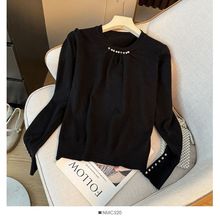 韩版钉珠镂空纯色圆领毛衣打底针织衫长袖秋冬新款时尚百搭上衣