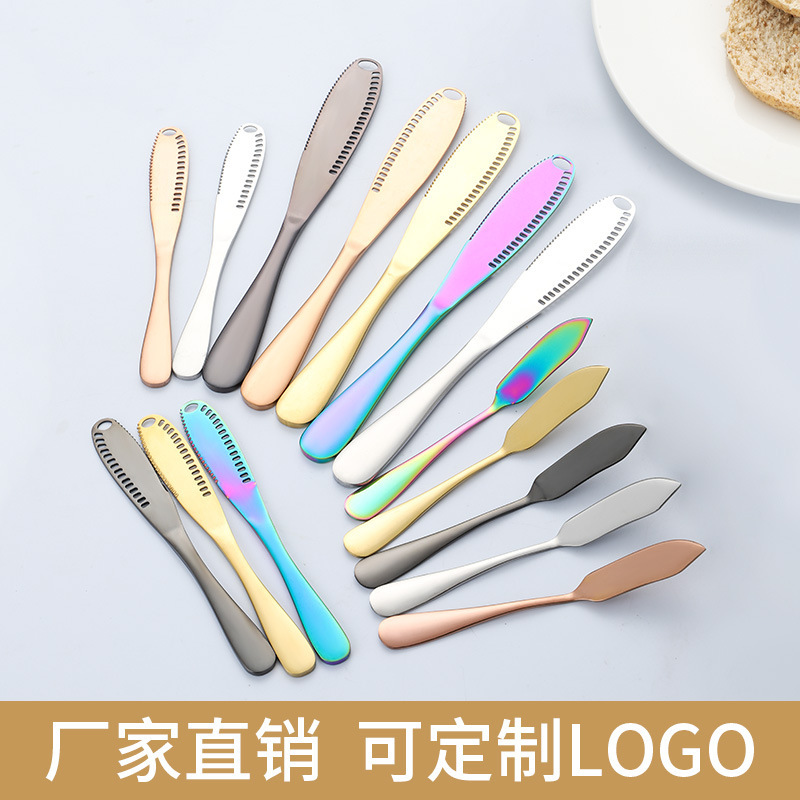 Cross-border Amazon stainless steel butter knife titanium-plated long handle jam butter spatula Western tableware cream pastry knife