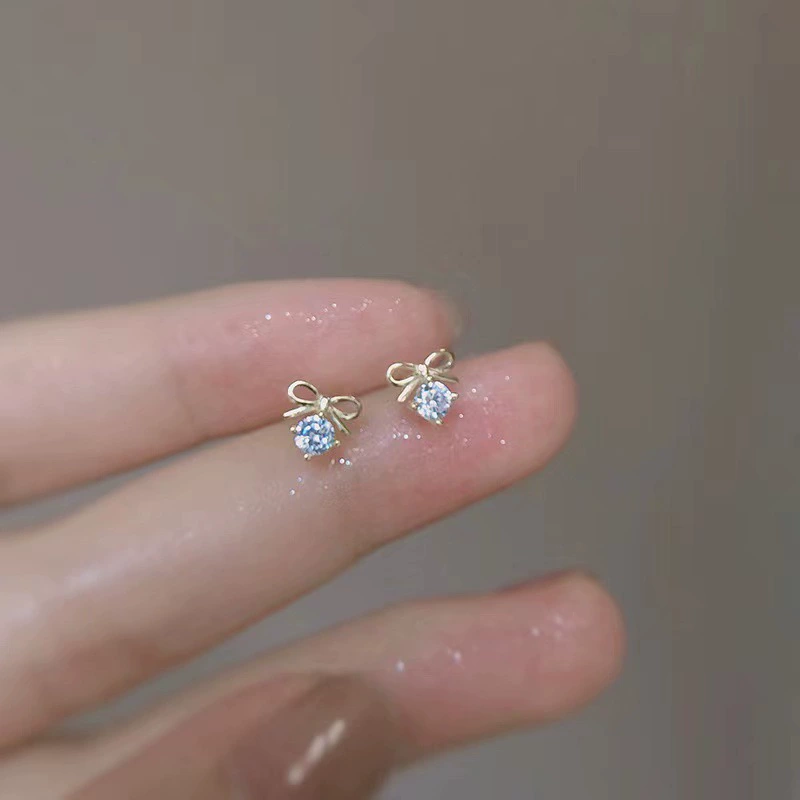 Милая zirconia с бантиком, серьги, небольшая серебряная игла, образец серебро 925, простой и элегантный дизайн
