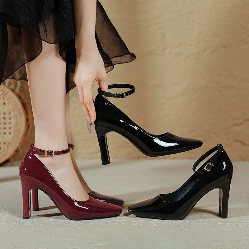 Черные туфли на высоком каблуке толстый на каблуке темперамент ol профессиональная рабочая обувь 2025 новый красный квадратный туфли на высоком каблуке