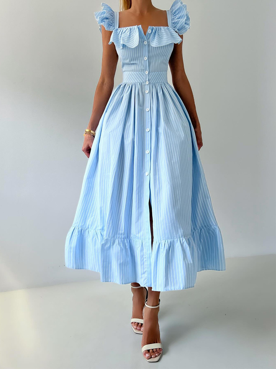 Women's Clothing Striped Dress Button Down Cardigan Waist Cinching Long Dress Summer New Style Flutter Sleeve_ecoleips.com