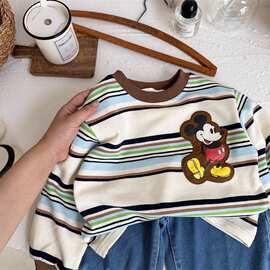 春秋季新款长袖t卡通洋气T恤男女中小儿童宝宝条纹贴布卫衣打底衫