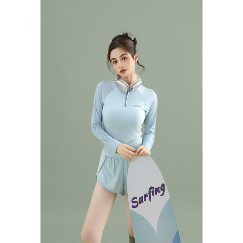 Ladies Separate Set Long Sleeve Two-Piece Sporty Casual Sun Protective Teenage Student Conservative Slimming Swimsuit