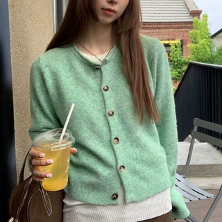 红人针织开衫女韩系秋季穿搭外搭上衣氛围感绿色小香风毛衣外套