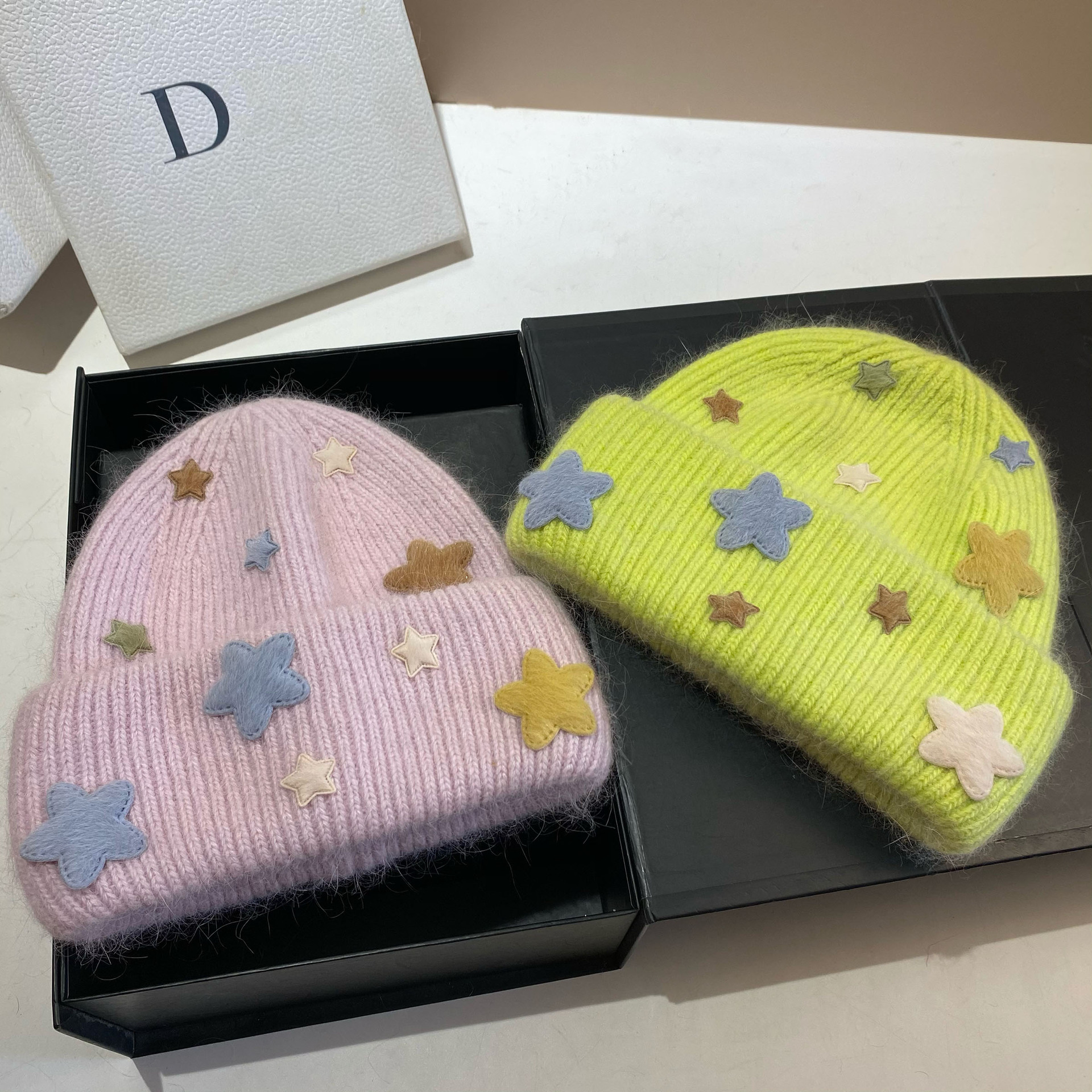 Gorro beanie de punto para mujer de pelo de conejo invierno_voghion.com