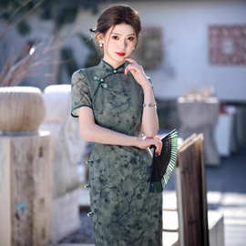 2025春夏新款旗袍网纱侧扣长款港风绿色淑女范新中式国风女旗袍