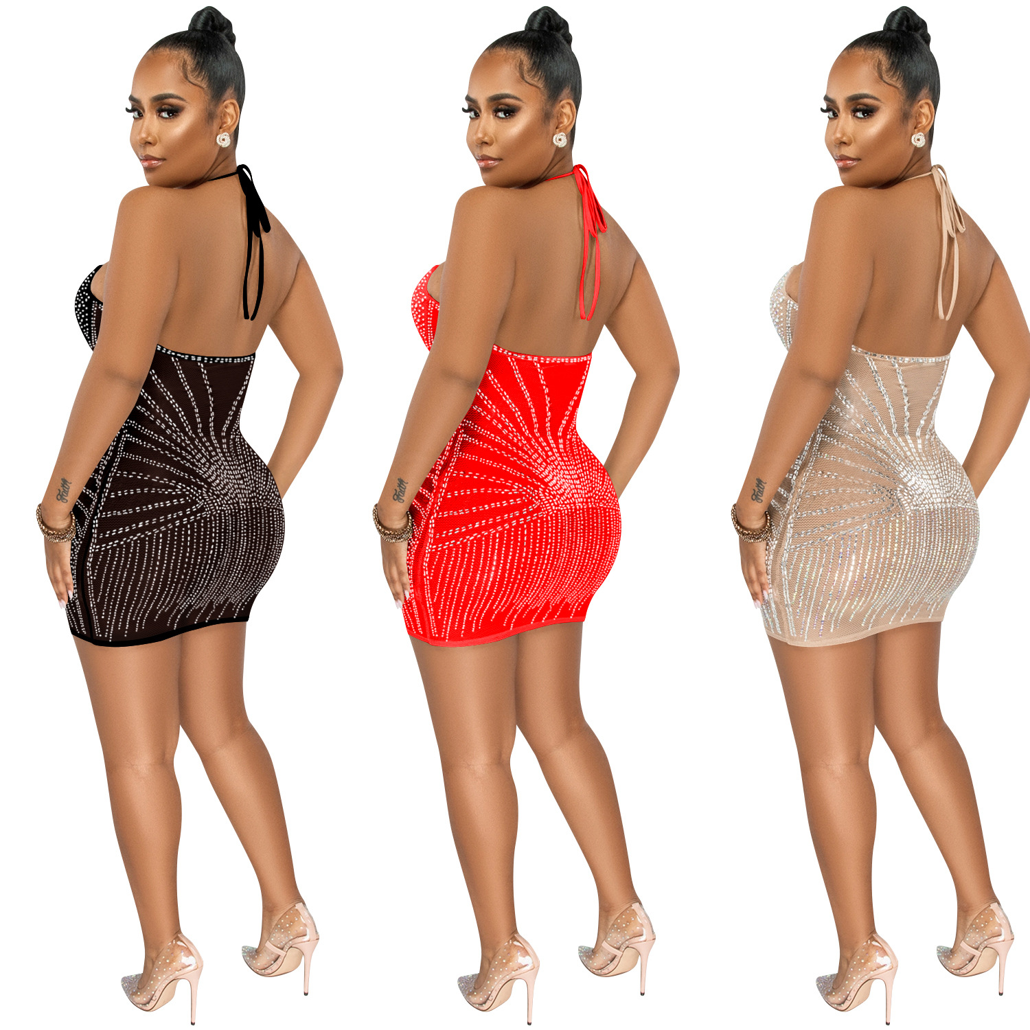 X5653 AliExpress Amazon deseo moda sexy Sling envuelto pecho rhinestone malla ver-a través de vestido MIDI vestido