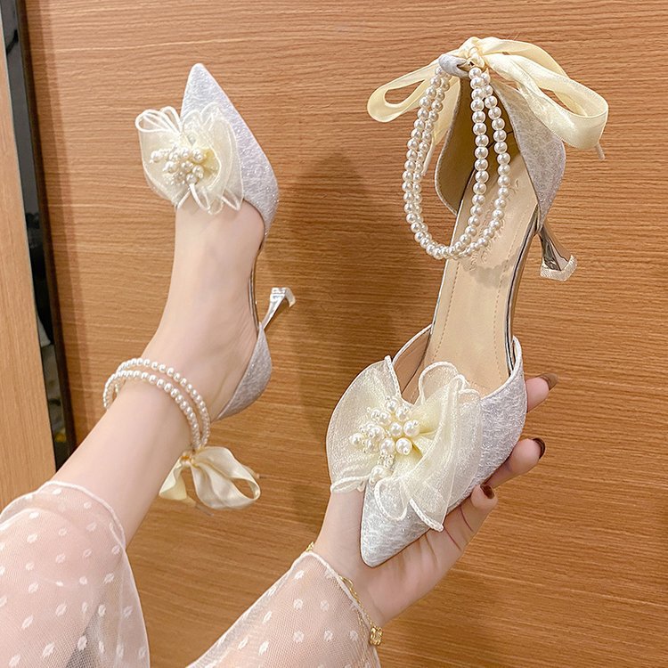 Spring and summer 2024 new fairy pointed shoes thin heel low mouth sequin high heels bow beaded women's shoes wholesale
