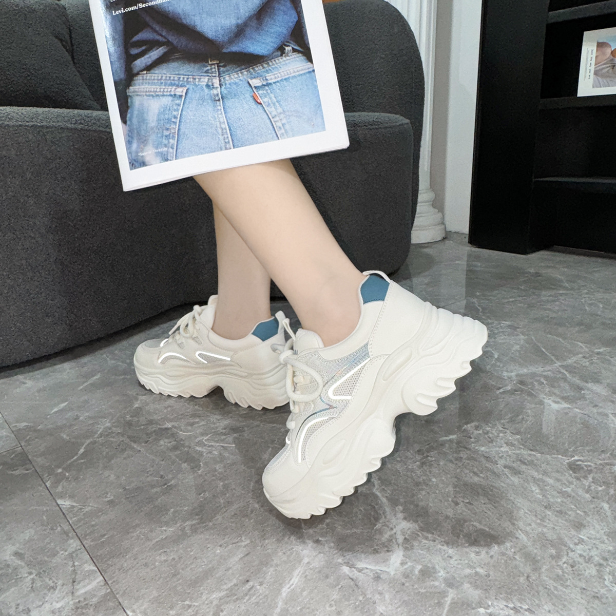 Mesh white sneakers platform with shoelaces