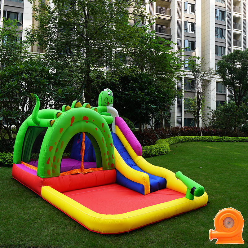 Feliz León castillo inflable travieso Castillo inflable verde dinosaurio tobogán de agua rebotando diversión pequeño tobogán de agua
