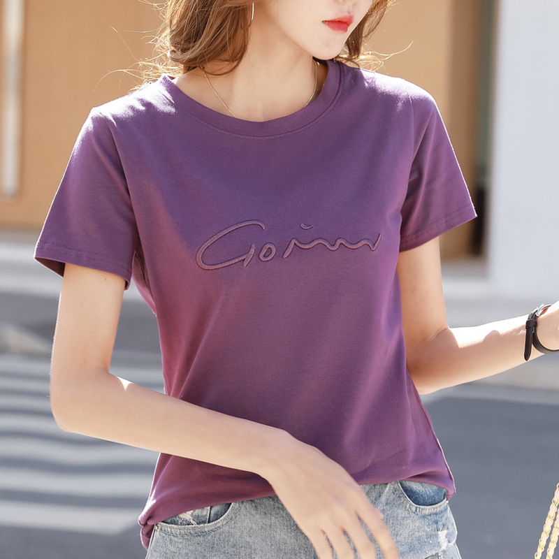 307 Round Neck Short-Sleeved T-Shirt for Women 2021 Letter Embroidery Loose Pullover Regular White Large Size Versatile Urban Casual