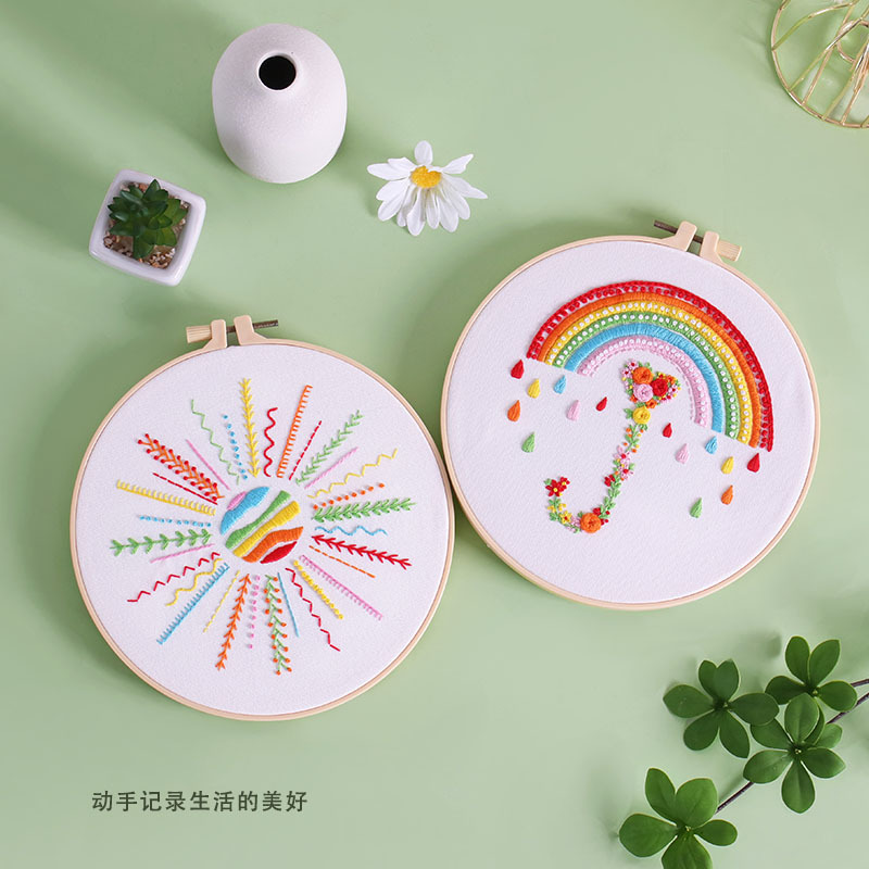 Original nuevo DIY bordado hecho a mano material paquete Rainbow Mood Sunshine flor paraguas tela bordado Inglés