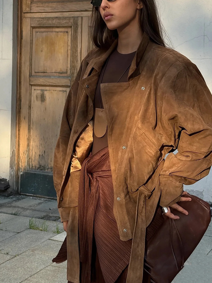 European and American Internet Celebrity Blogger's Same Style Genuine Leather Jacket for Women 2025 Autumn New Goatskin Suede Leather Jacket Waist Jacket