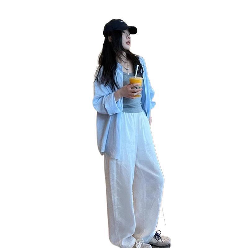 2025年超人気夏服、年齢軽減服一式、涼しくリラックスしたシャツ、リネンワイドパンツ、女性用ツーピーススーツ|undefined