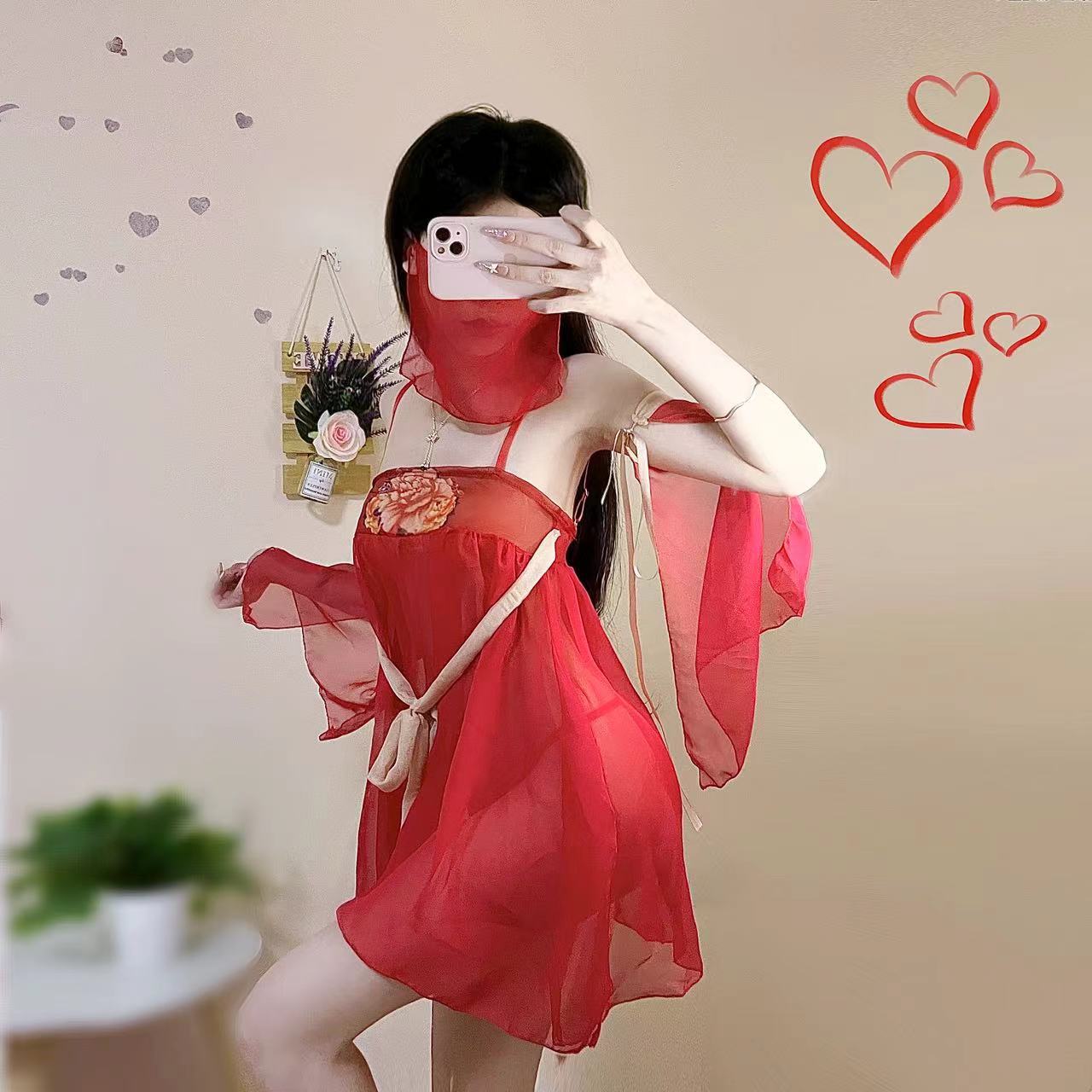 Retro Palace-Style Hanfu Lingerie Set with Veil, Tube Top and Briefs — detail image 11