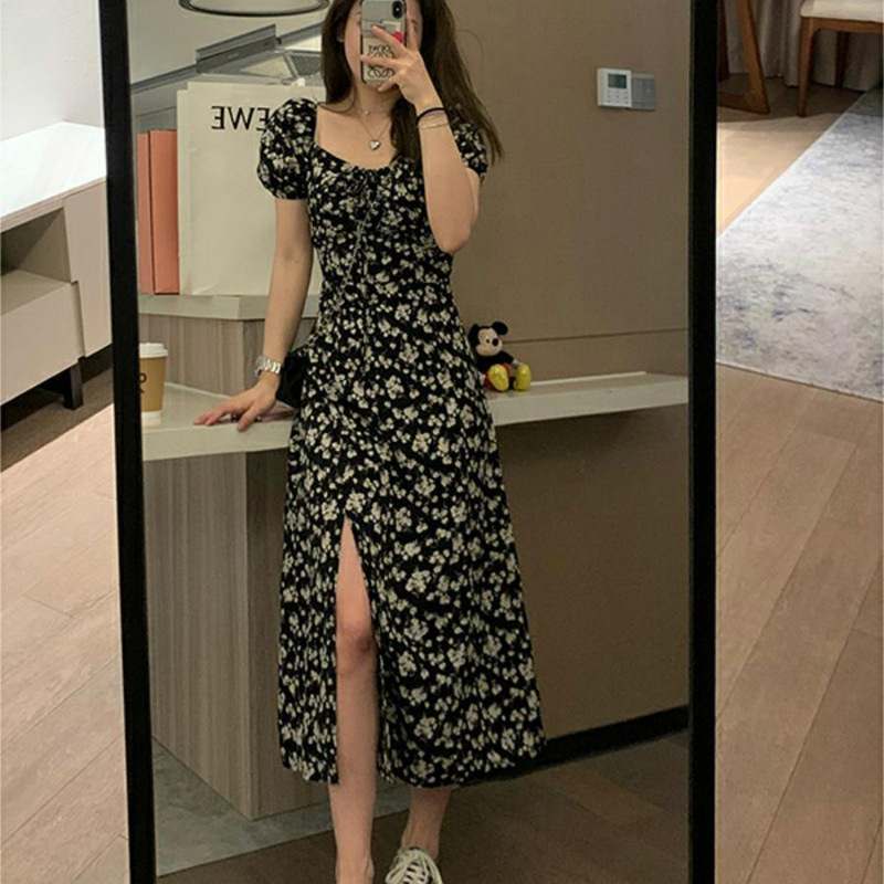 2025 New Veee Romantic Night Rose Black Floral Puff Sleeve French Square Neck Slit Dress Long Skirt