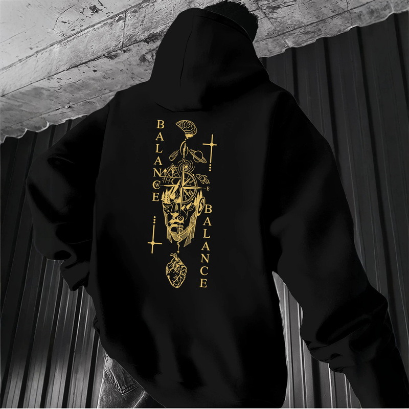 BALANCE balance compass element large print on the back, unisex dark art style loose hoodie