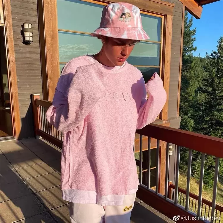 Secret Pink贾斯汀比伯同款破坏Drew粉色毛巾反穿长袖T恤高街卫衣