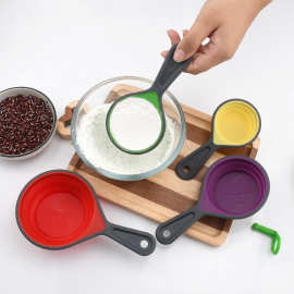 硅胶量杯四件套4色可折叠伸缩带刻度量勺咖啡豆勺调味匙 烘焙工具