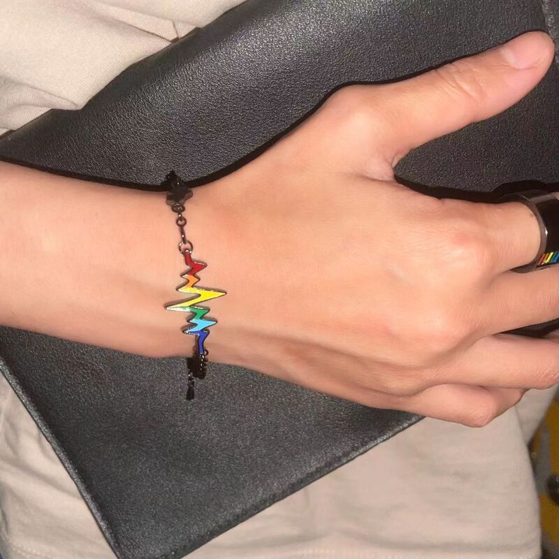 New Full Grid Heartbeat Rainbow Heart Bracelet Advanced Original Lightning Dopamine Bracelet Cool Black Niche Bracelet