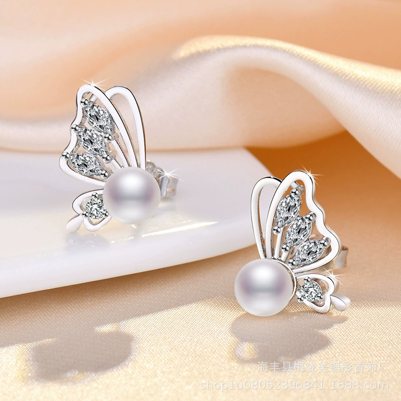 Earrings from pearl, zirconium, silver needle, Korean style, light luxury style, high-quality style, silver 925 sample, internet celebrity
