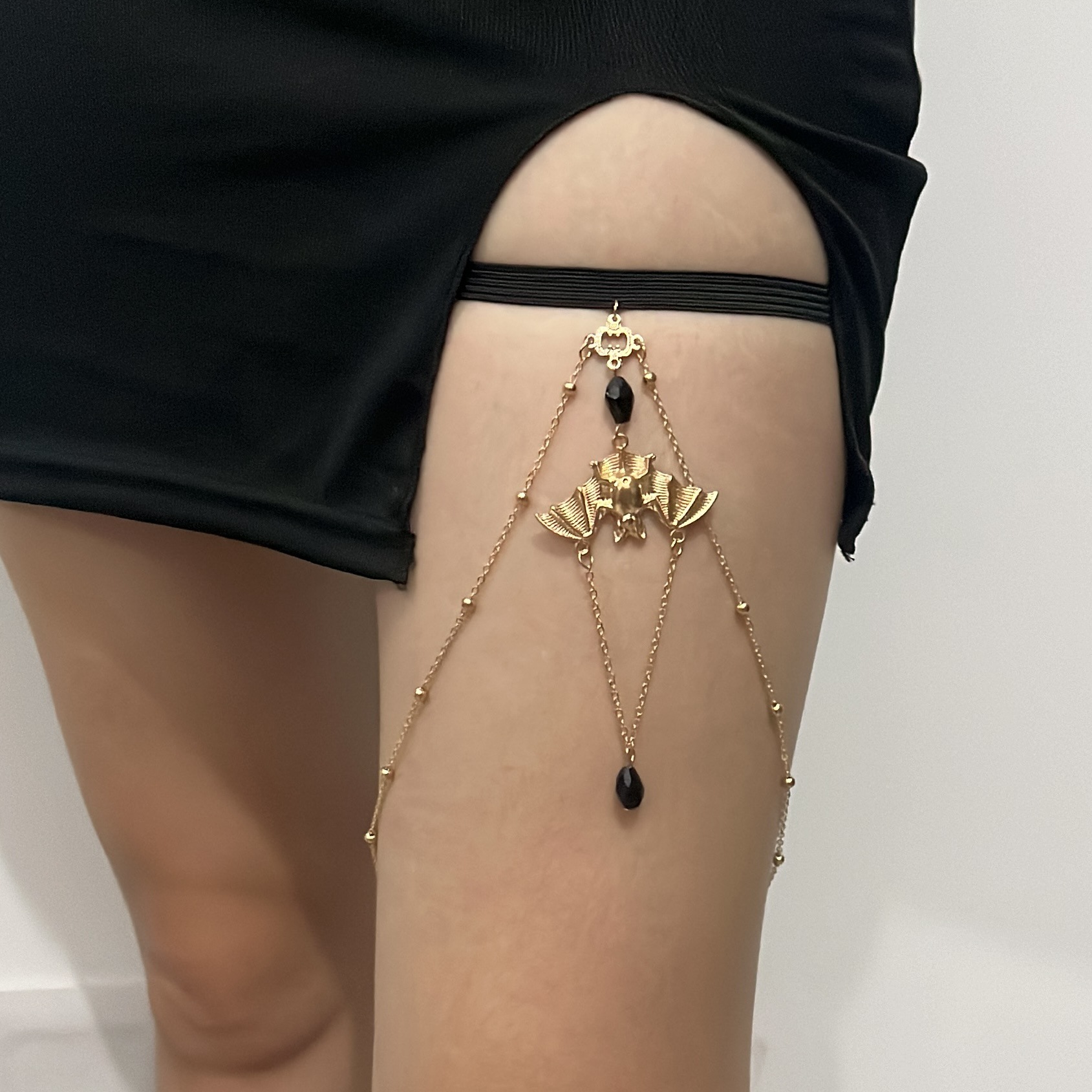 欧美跨境饰品 蝙蝠吊坠黑水晶腿链 弹力链条蝙蝠腿环女辣妹大腿链