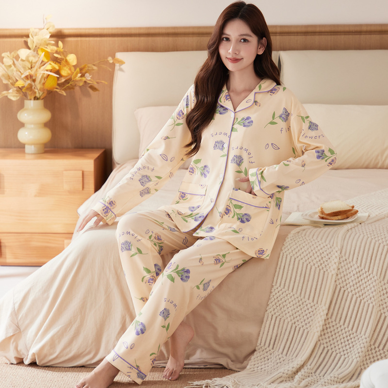 Casual Large Size Floral Pajamas, Spring & Fall Thin Long-Sleeved Suits, Middle-Aged Mothers' Comfortable Japanese Style Home Clothes That Can Be Worn Outside