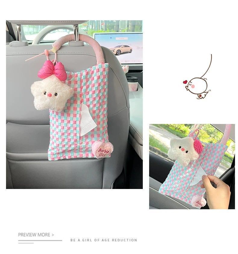Car tissue box and trash can combo, cute star pig design, storage hanging bag, car seat back decoration, tissue holder for women