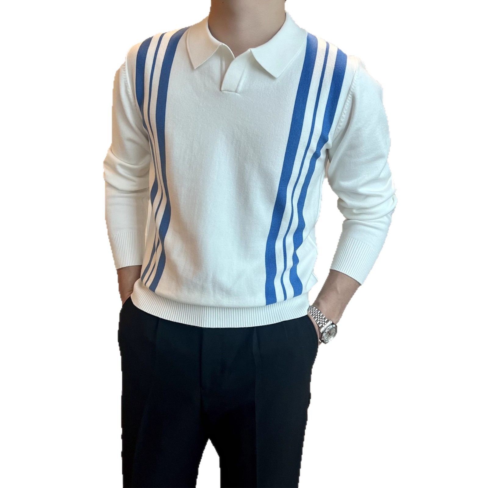 Primavera y otoño nuevo suéter hombre retrógrado a rayas británicas contraste delgado camisa de punto de negocios casual polo